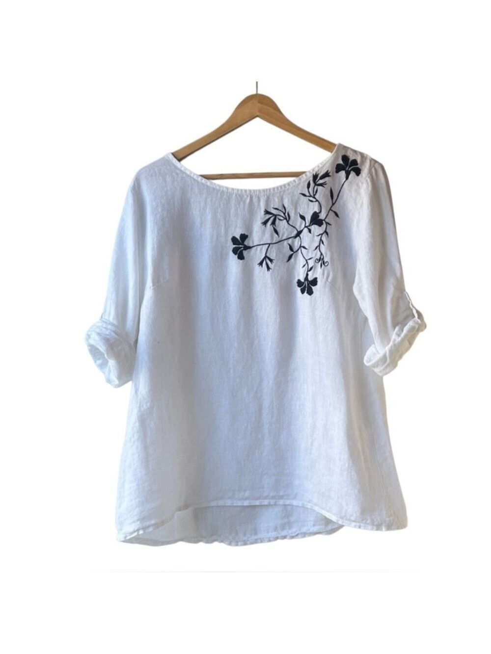 Viola Borghi White Linen Scoop neck Top with Navy Floral Embroidery